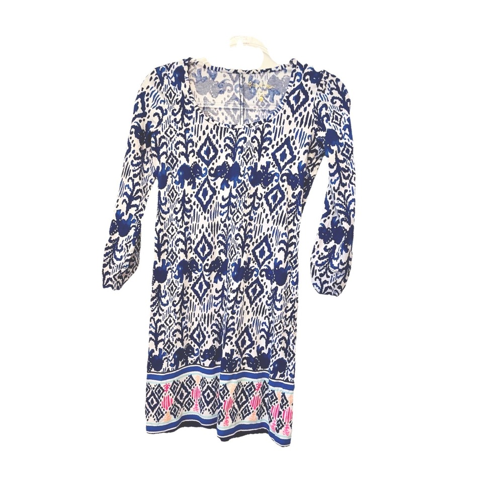 Lilly Pulitzer Blue White Ikat Elephant Print Cotton‎ 3/4 Sleeve Dress XXS